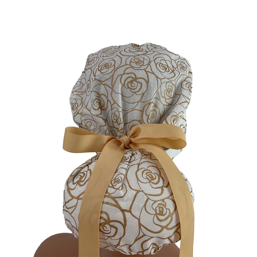 Turn Up Ponytail Medical Scrub Cap - Gold Flowers and Dots - Image 5