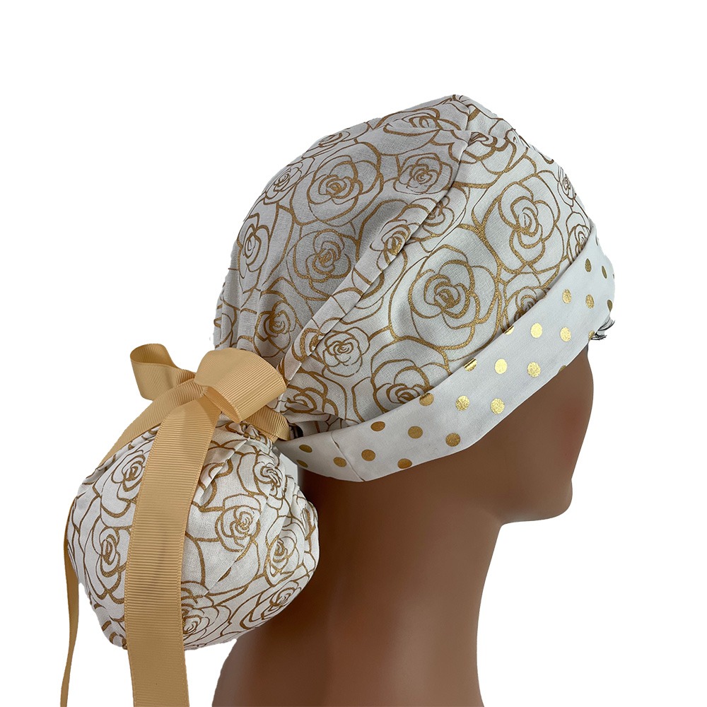 Turn Up Ponytail Medical Scrub Cap - Gold Flowers and Dots - Image 6
