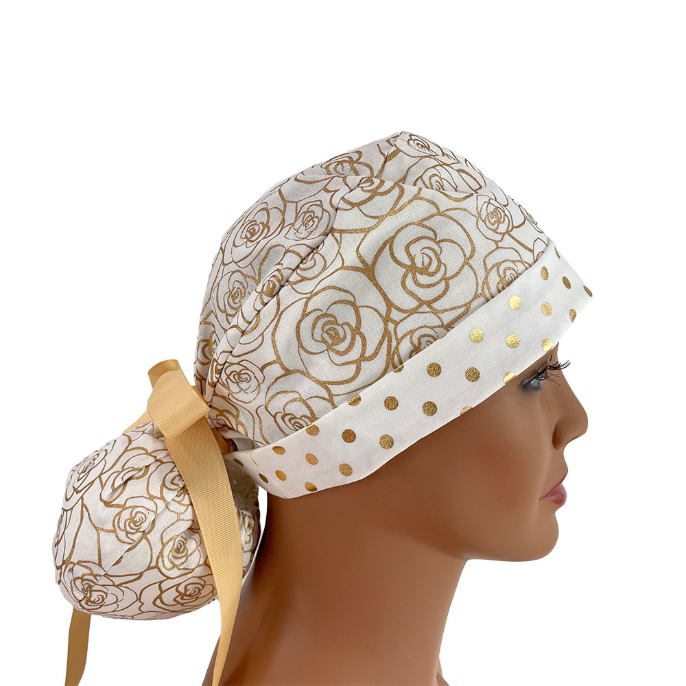 Turn Up Ponytail Medical Scrub Cap - Gold Flowers and Dots - Image 7