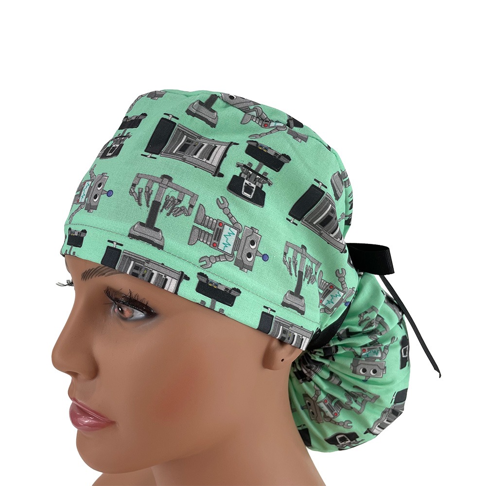 Ponytail Medical Scrub Cap - Surgery Robots - Mint - Image 3