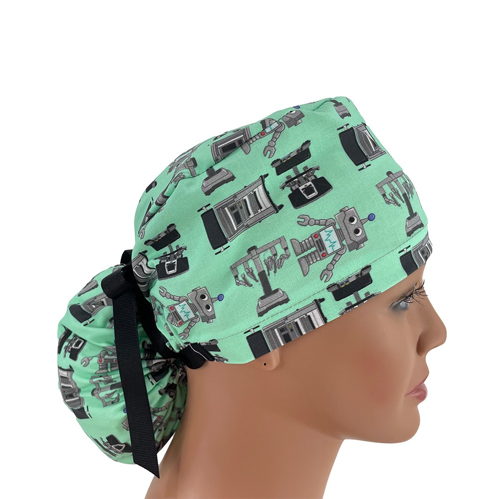 Ponytail Medical Scrub Cap - Surgery Robots - Mint - Image 7