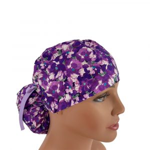 Ponytail Medical Scrub Cap - Blooming in Purple