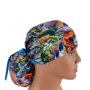 Ponytail Medical Scrub Cap - Past & Present – Dinotopia – Water Blue