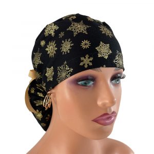 Ponytail Medical Scrub Cap-Metallic Snowflakes Christmas