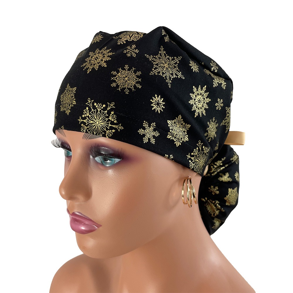 Ponytail Medical Scrub Cap-Metallic Snowflakes Christmas - Image 3