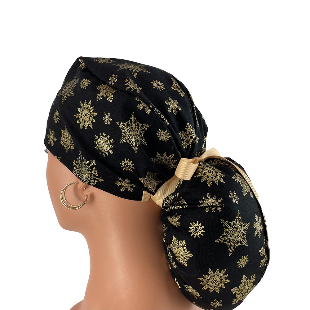 Ponytail Medical Scrub Cap-Metallic Snowflakes Christmas - Image 5