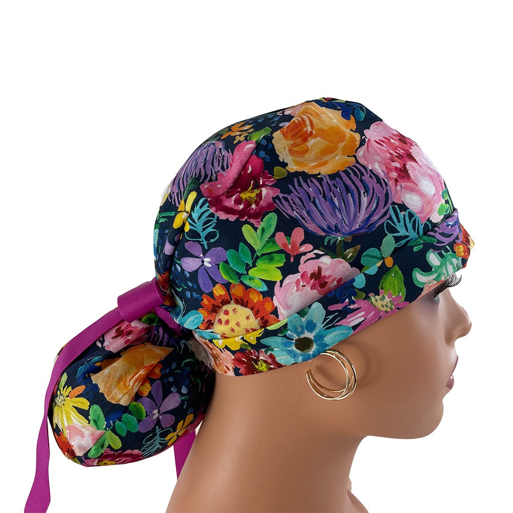 Turn Up Ponytail Medical Scrub Cap - Dahlia in Multi - Image 8