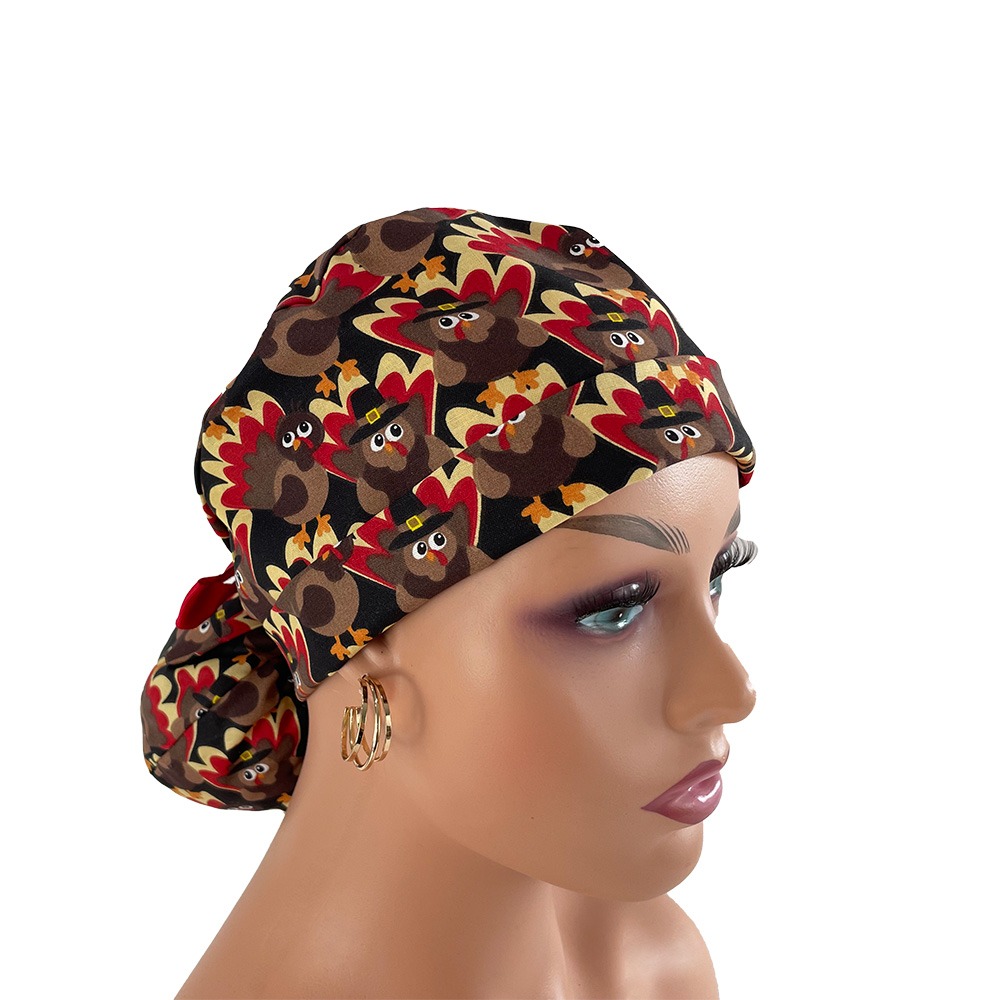 Turn Up Ponytail Medical Scrub Cap - Turkey Madness