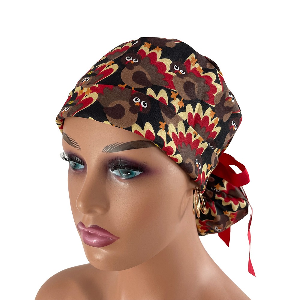 Turn Up Ponytail Medical Scrub Cap - Turkey Madness - Image 2