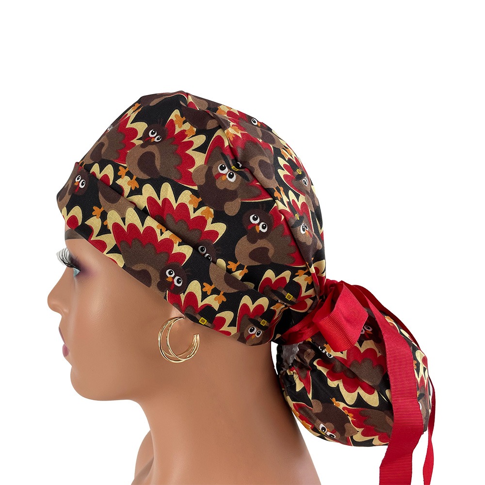 Turn Up Ponytail Medical Scrub Cap - Turkey Madness - Image 3