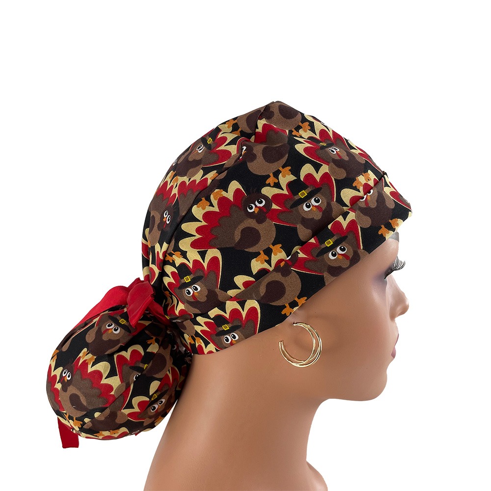 Turn Up Ponytail Medical Scrub Cap - Turkey Madness - Image 7