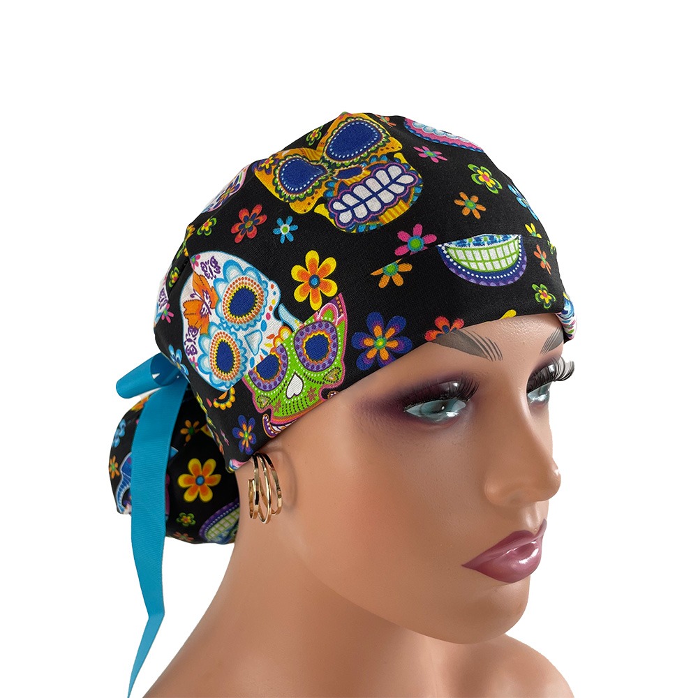 Turn Up Ponytail Medical Scrub Cap - Colorful Skulls