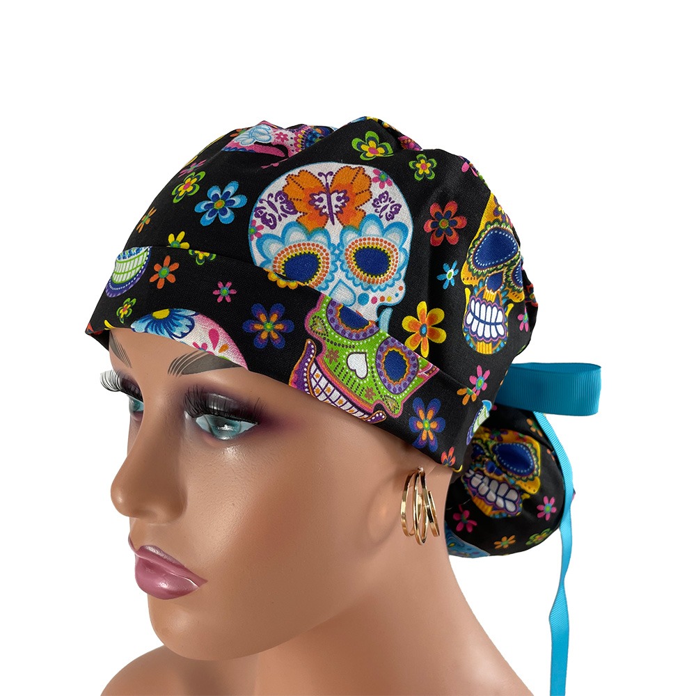 Turn Up Ponytail Medical Scrub Cap - Colorful Skulls - Image 2