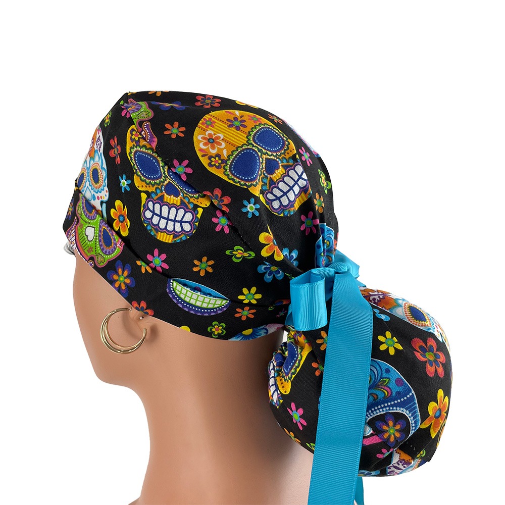 Turn Up Ponytail Medical Scrub Cap - Colorful Skulls - Image 3