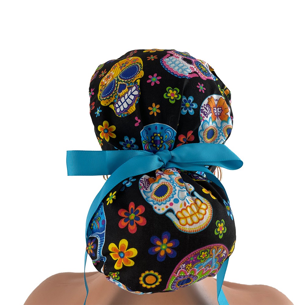 Turn Up Ponytail Medical Scrub Cap - Colorful Skulls - Image 4
