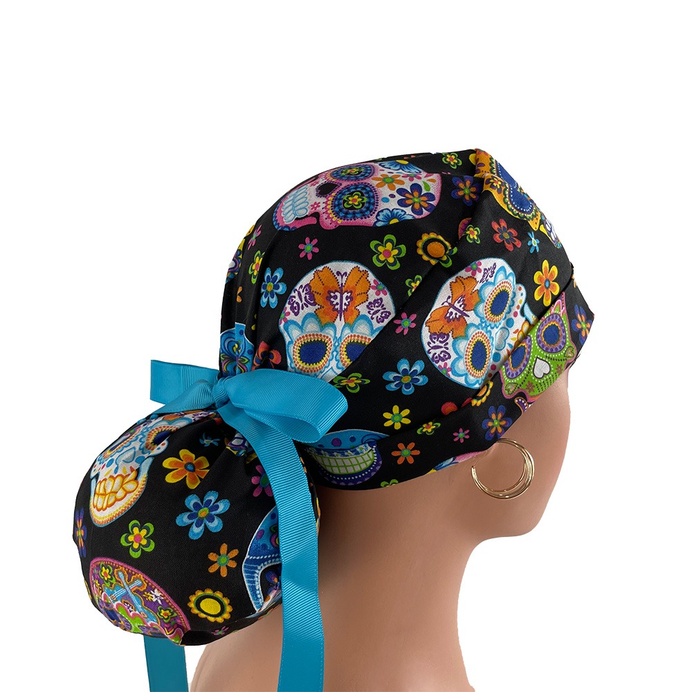Turn Up Ponytail Medical Scrub Cap - Colorful Skulls - Image 5