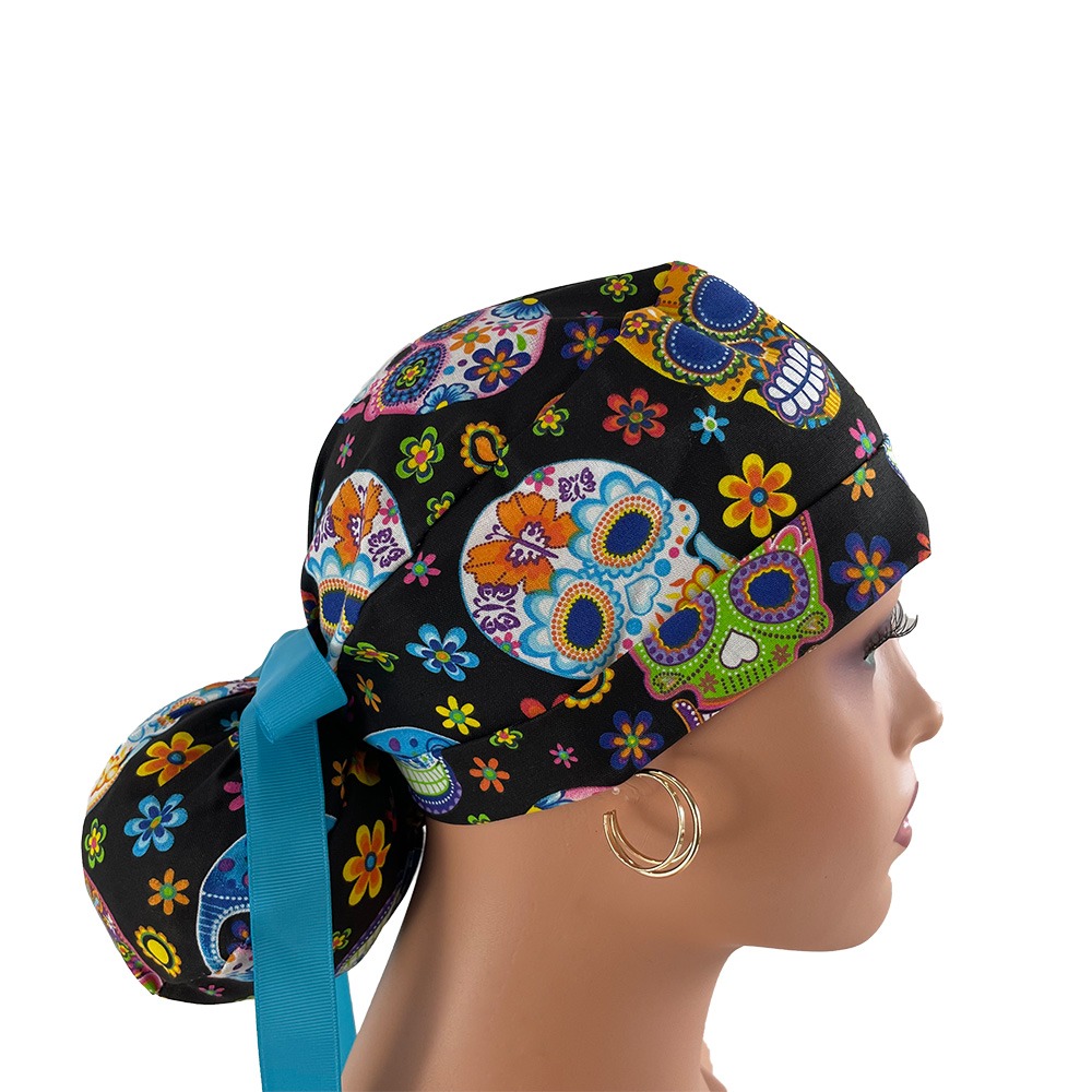 Turn Up Ponytail Medical Scrub Cap - Colorful Skulls - Image 6