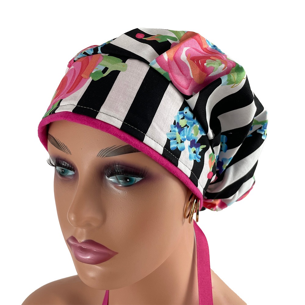 Bouffant Medical Cap - Flowers over stripes - Image 10