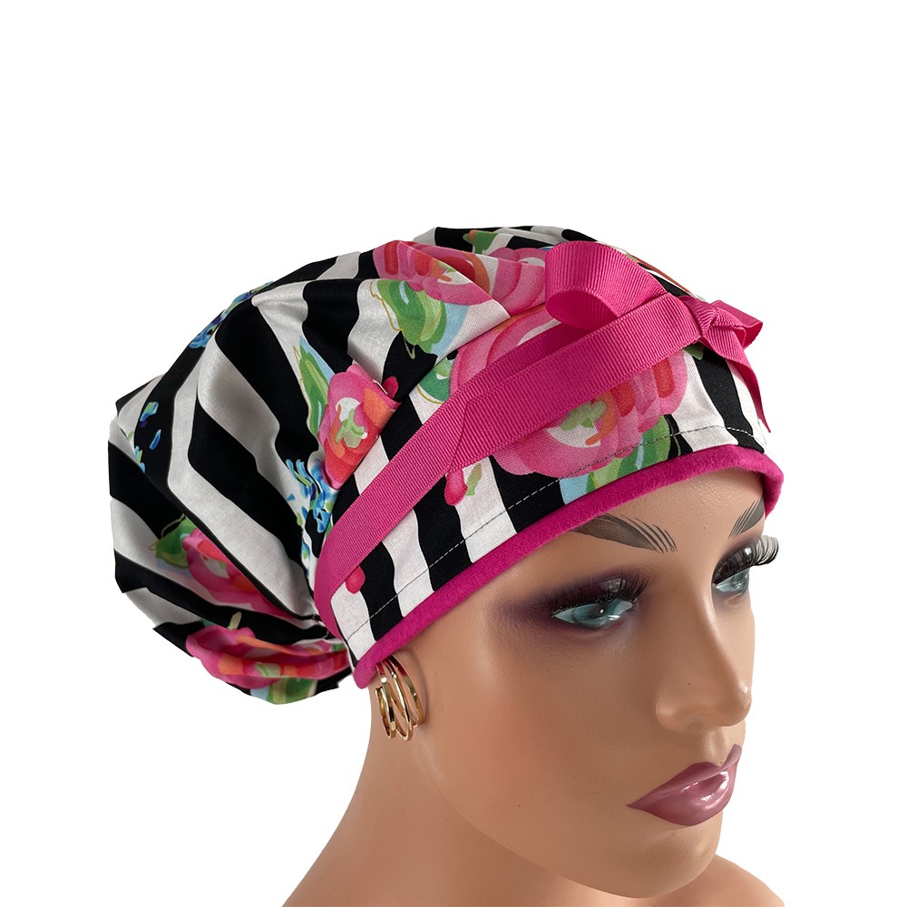 Bouffant Medical Cap - Flowers over stripes