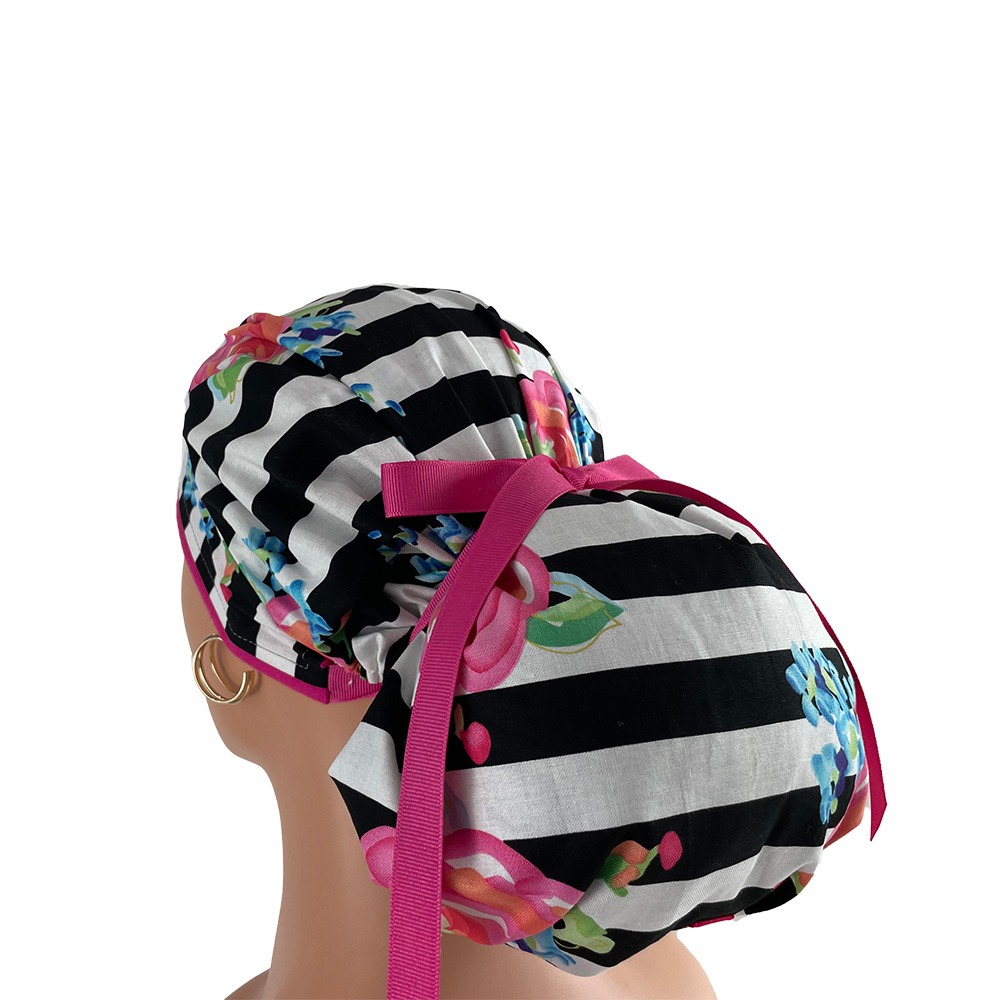 Bouffant Medical Cap - Flowers over stripes - Image 5