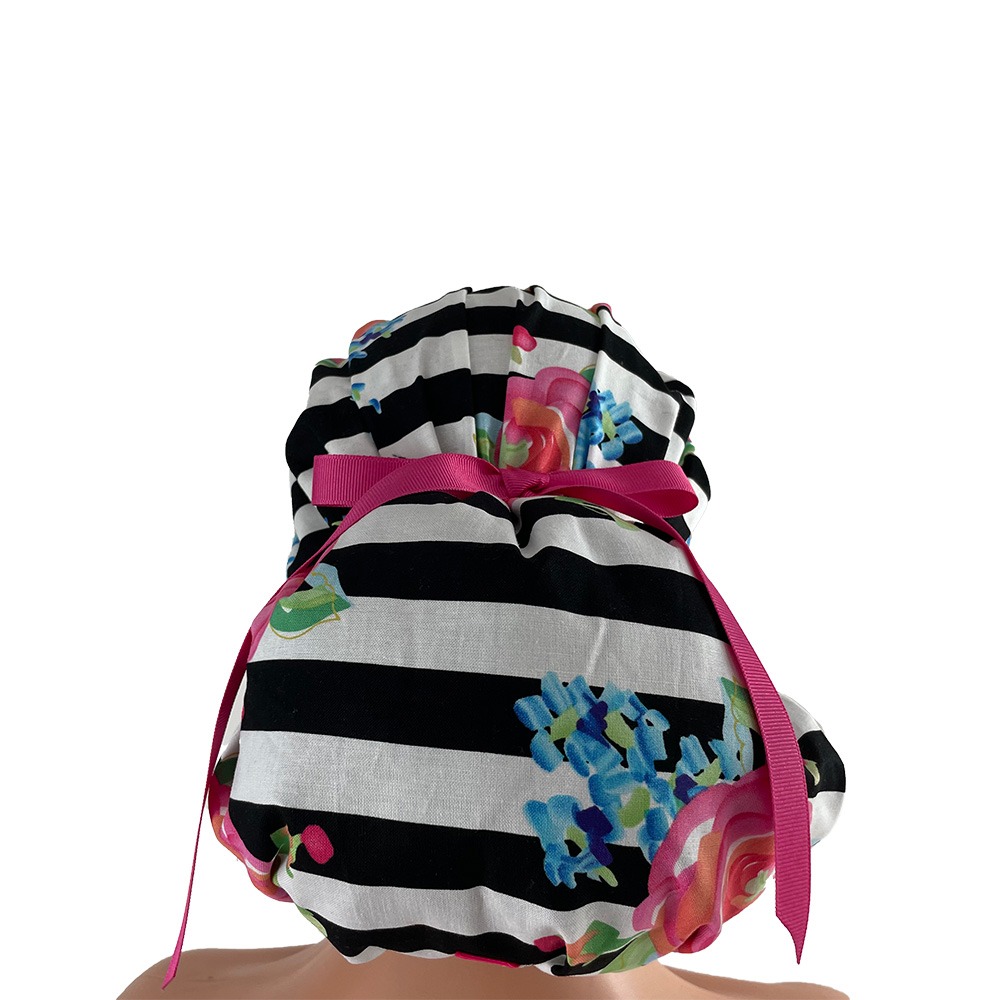 Bouffant Medical Cap - Flowers over stripes - Image 6