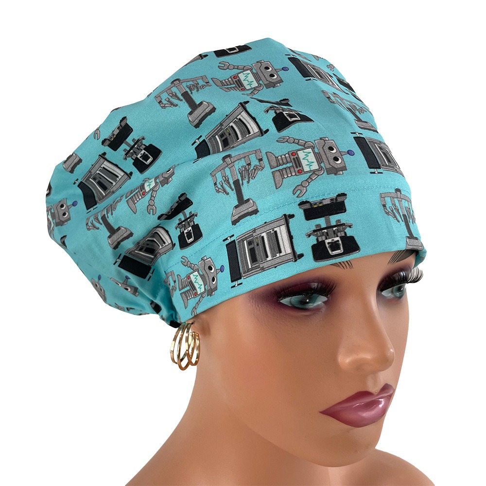 European Style Scrub Cap – Surgery Robots - Aqua - Image 13
