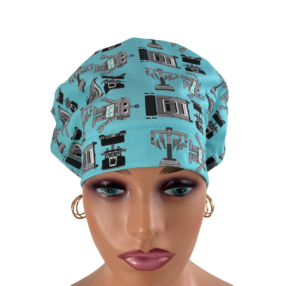 European Style Scrub Cap – Surgery Robots - Aqua - Image 14