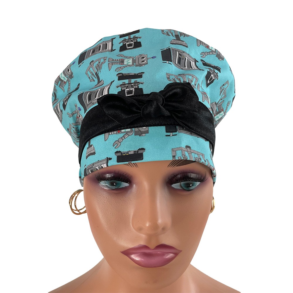 European Style Scrub Cap – Surgery Robots - Aqua - Image 2