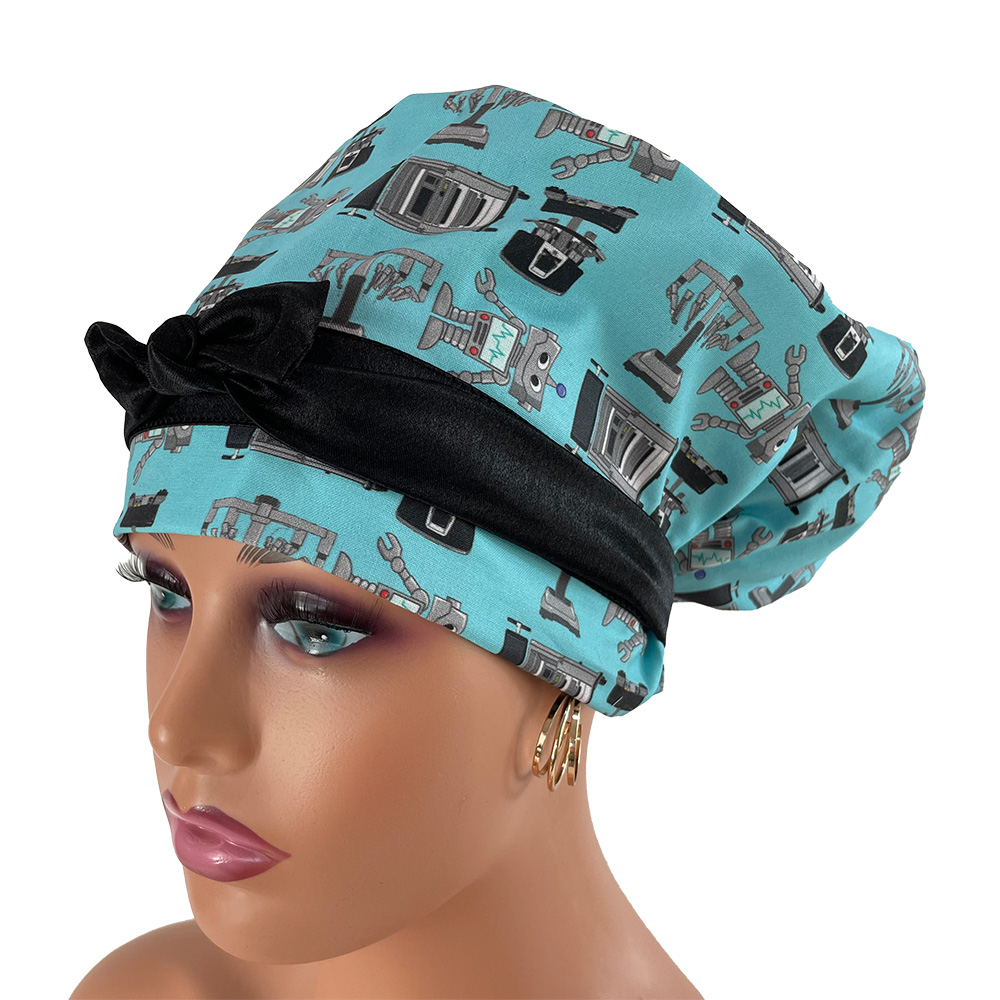 European Style Scrub Cap – Surgery Robots - Aqua - Image 3