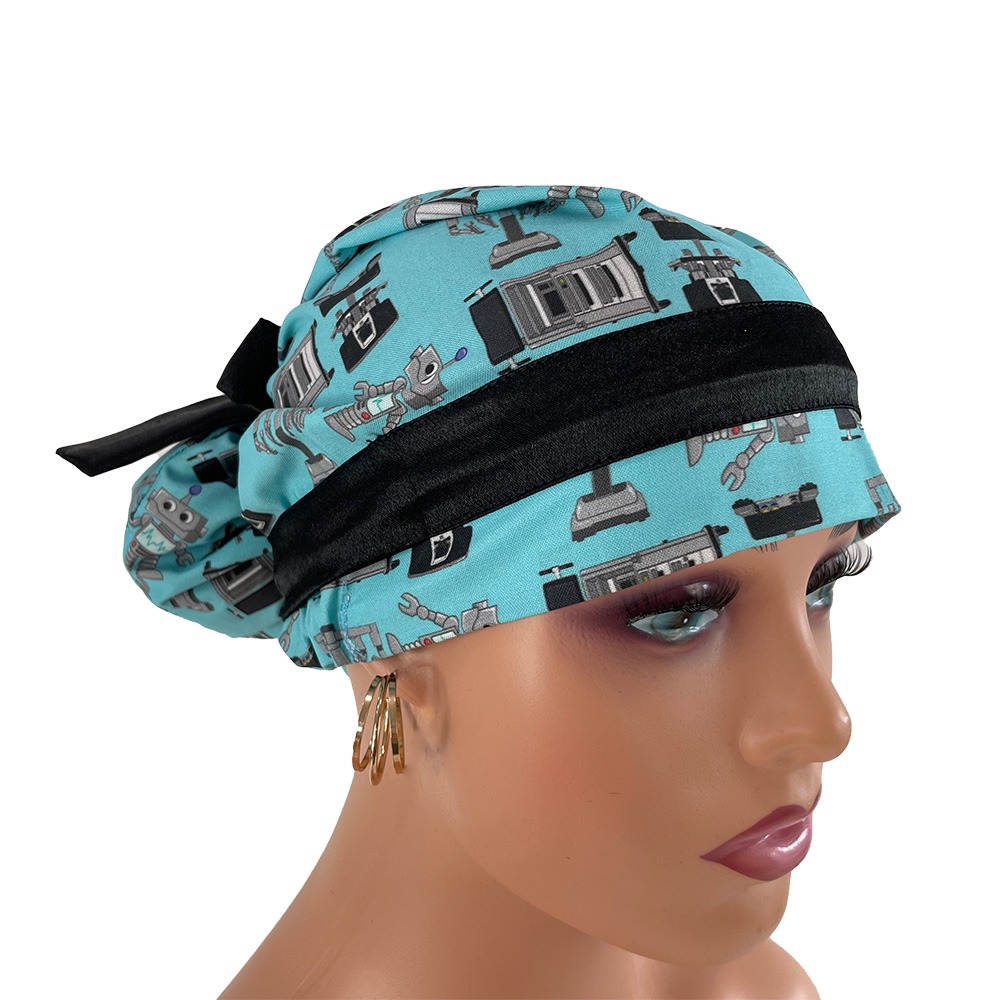 European Style Scrub Cap – Surgery Robots - Aqua - Image 5