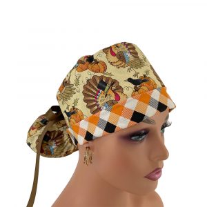 Turn Up Ponytail Medical Scrub Cap - Turkey Day/Chevrons