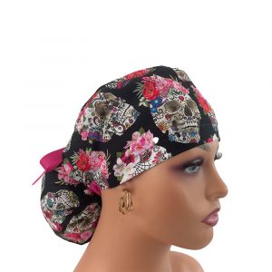 Ponytail Medical Scrub Cap - Esperanza - Sugar Skulls and Flower Crowns