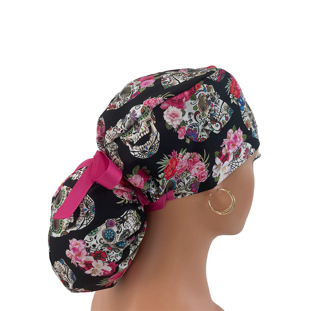 Ponytail Medical Scrub Cap - Esperanza - Sugar Skulls and Flower Crowns - Image 6