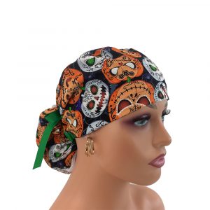 Ponytail Medical Scrub Cap - All Eyes on You – Scary Pumpkin Glow – Black/Glow