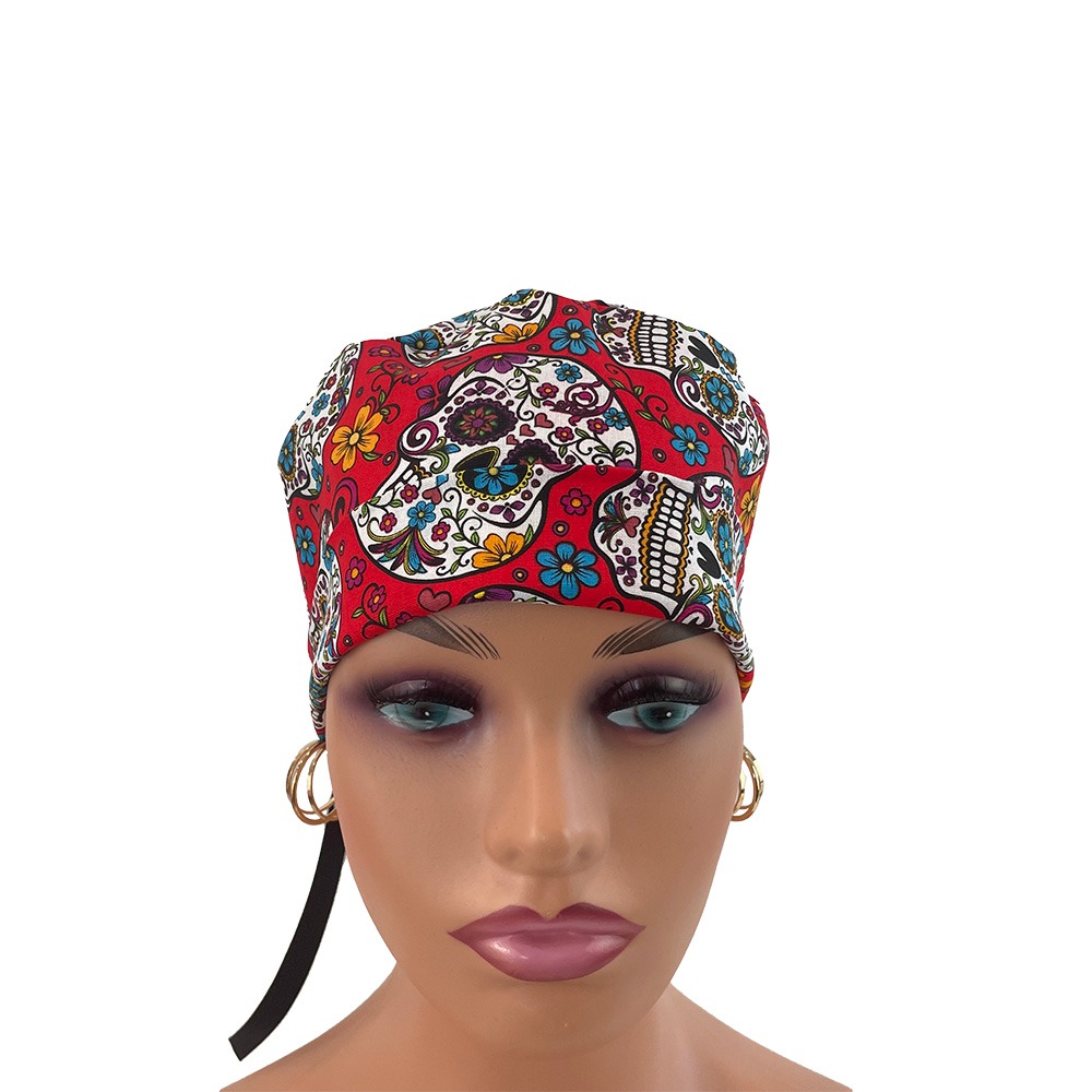 Turn Up Ponytail Medical Scrub Cap - Folkloric Sugar Skulls - Image 2