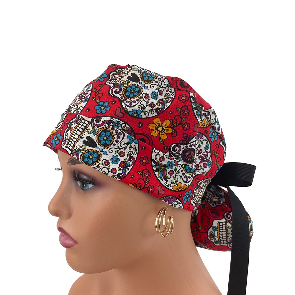Turn Up Ponytail Medical Scrub Cap - Folkloric Sugar Skulls - Image 3