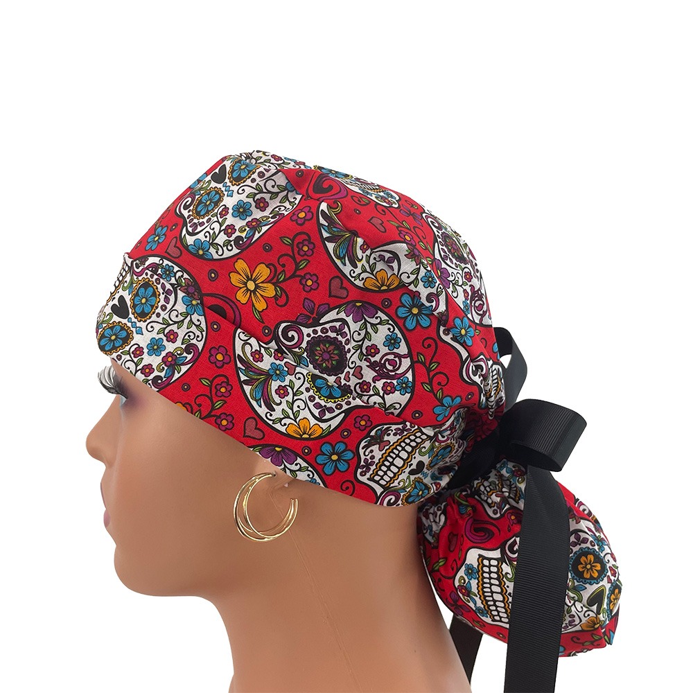 Turn Up Ponytail Medical Scrub Cap - Folkloric Sugar Skulls - Image 4