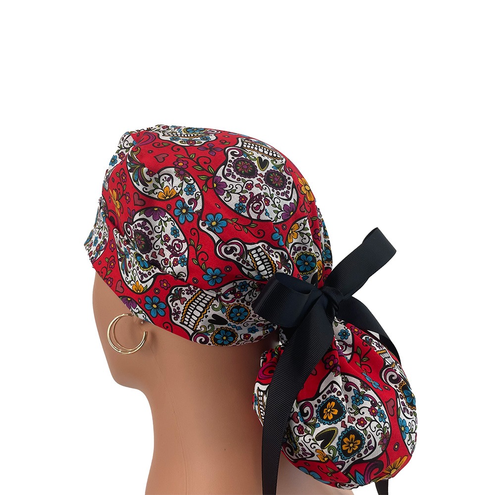 Turn Up Ponytail Medical Scrub Cap - Folkloric Sugar Skulls - Image 5