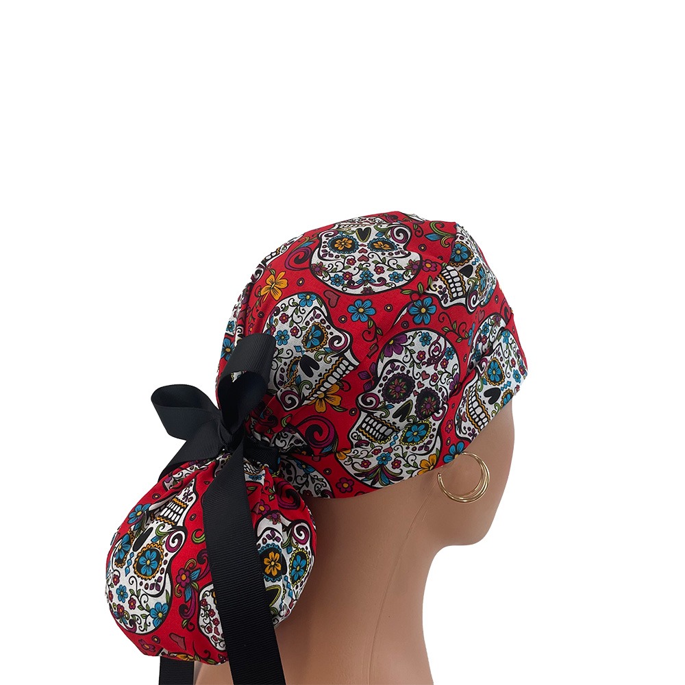 Turn Up Ponytail Medical Scrub Cap - Folkloric Sugar Skulls - Image 7