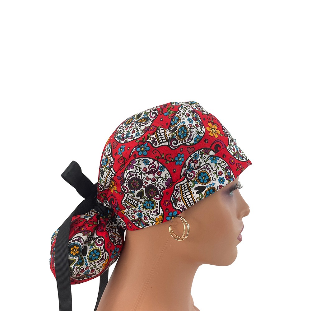 Turn Up Ponytail Medical Scrub Cap - Folkloric Sugar Skulls - Image 8