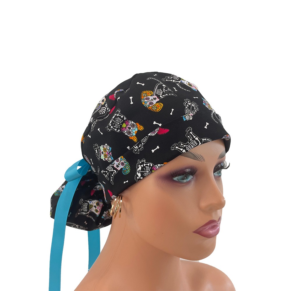 Turn Up Ponytail Medical Scrub Cap - Day Of The Dead Pets - Dogs - Black