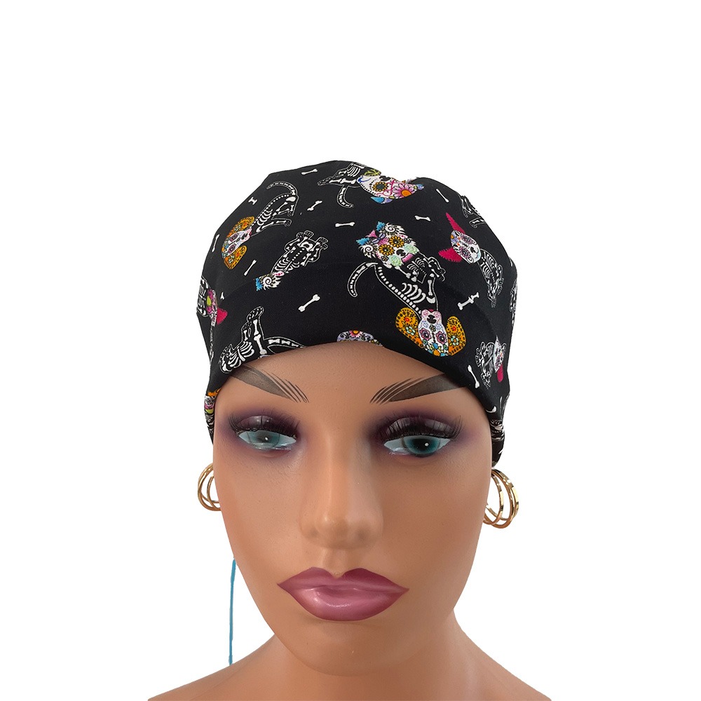 Turn Up Ponytail Medical Scrub Cap - Day Of The Dead Pets - Dogs - Black - Image 2