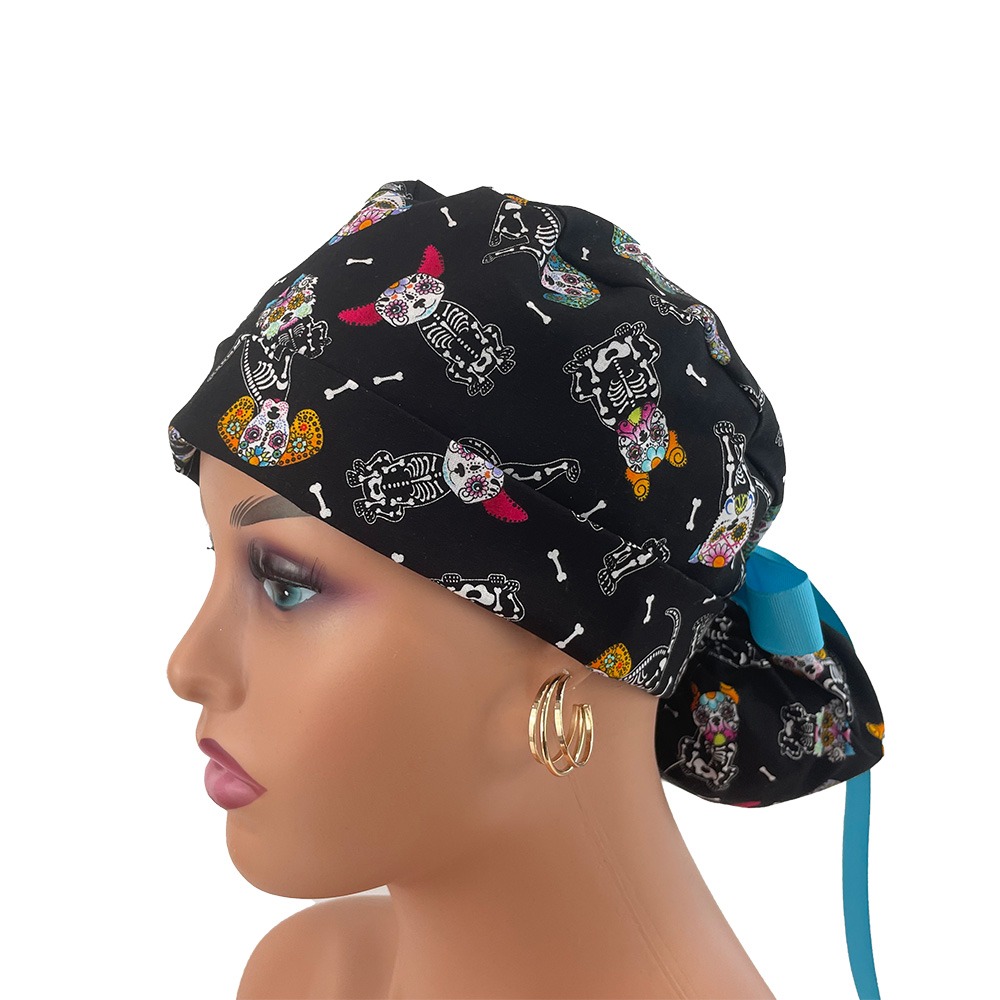 Turn Up Ponytail Medical Scrub Cap - Day Of The Dead Pets - Dogs - Black - Image 3
