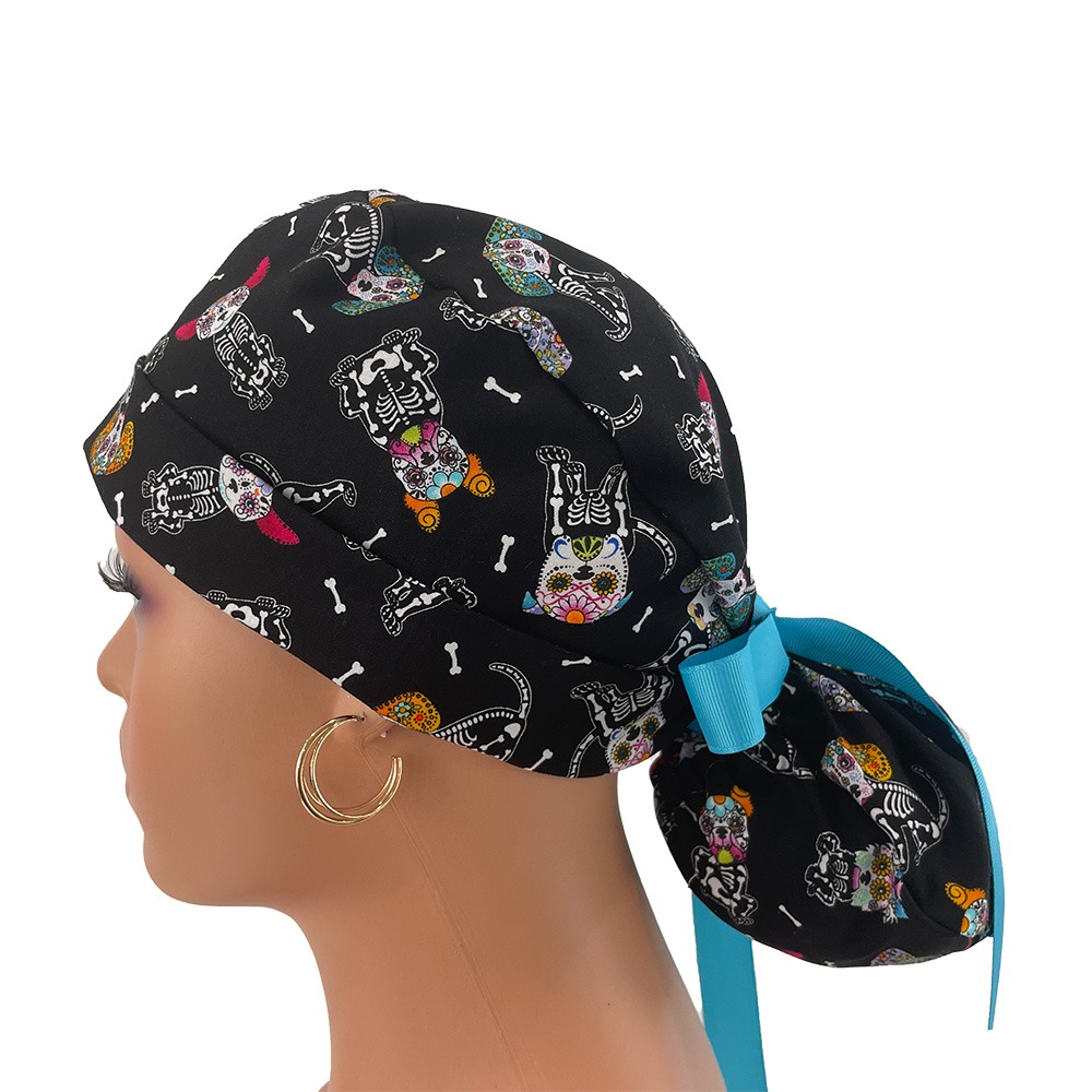 Turn Up Ponytail Medical Scrub Cap - Day Of The Dead Pets - Dogs - Black - Image 4