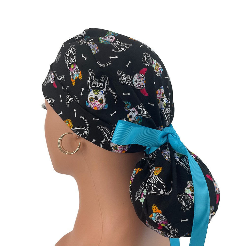 Turn Up Ponytail Medical Scrub Cap - Day Of The Dead Pets - Dogs - Black - Image 5