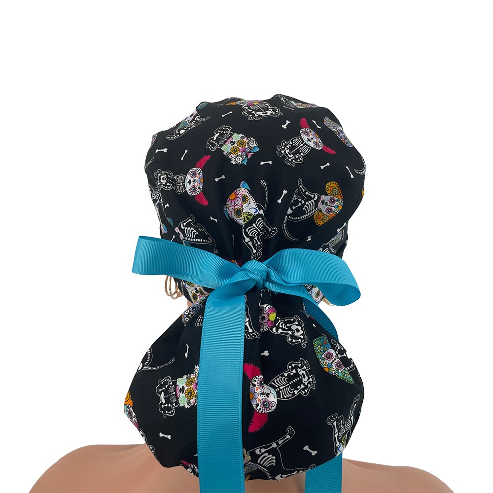 Turn Up Ponytail Medical Scrub Cap - Day Of The Dead Pets - Dogs - Black - Image 6