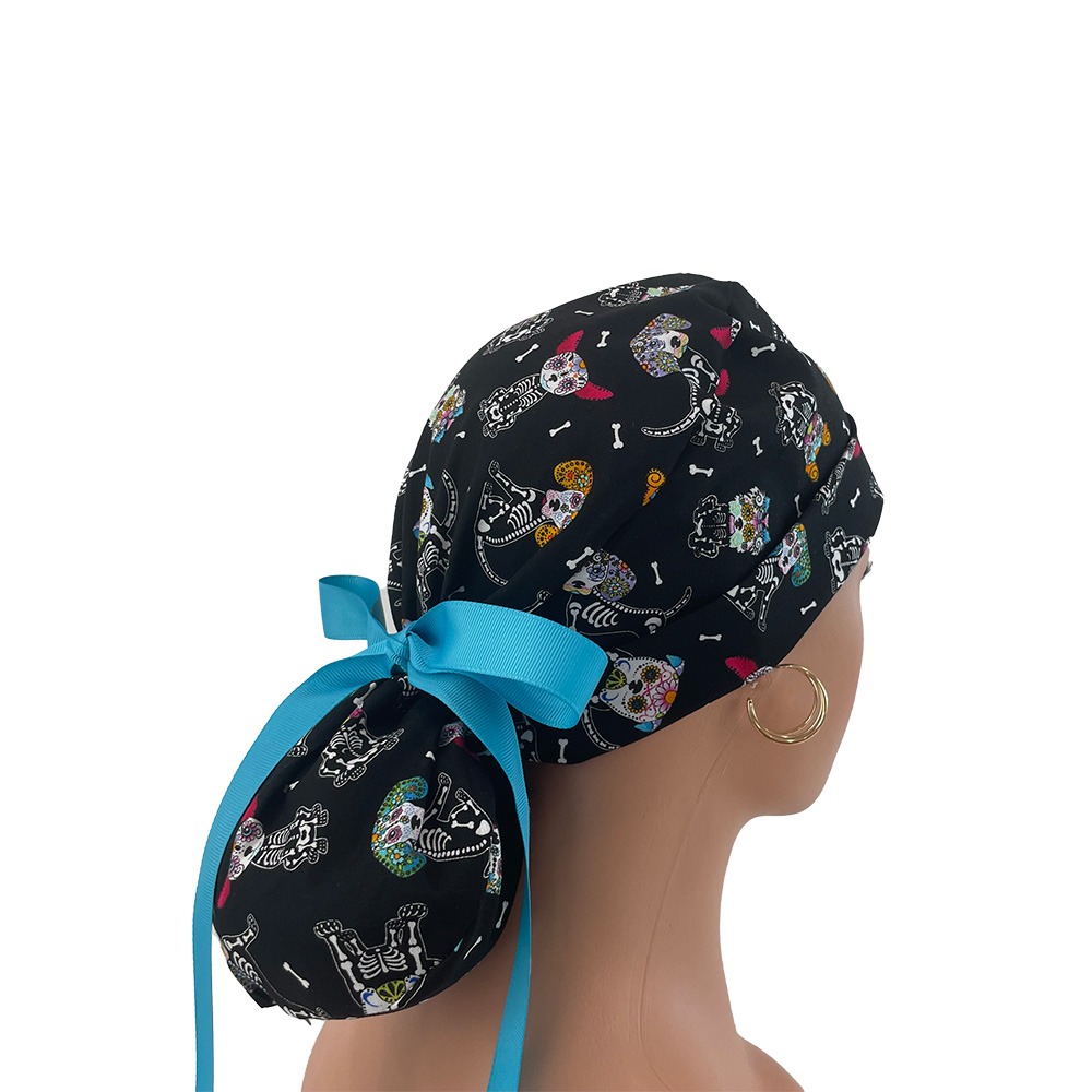 Turn Up Ponytail Medical Scrub Cap - Day Of The Dead Pets - Dogs - Black - Image 7