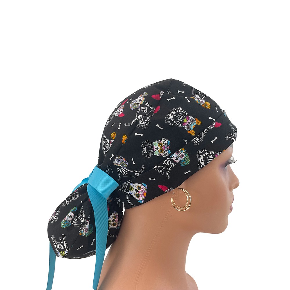 Turn Up Ponytail Medical Scrub Cap - Day Of The Dead Pets - Dogs - Black - Image 8