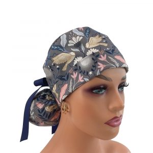Turn Up Ponytail Medical Scrub Cap - Enchanted Owl in Dark Grey Metallic