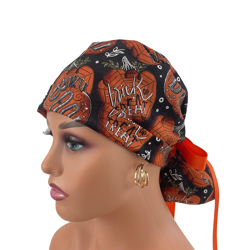 Turn Up Ponytail Medical Scrub Cap - Booing Pumpkins - Image 3